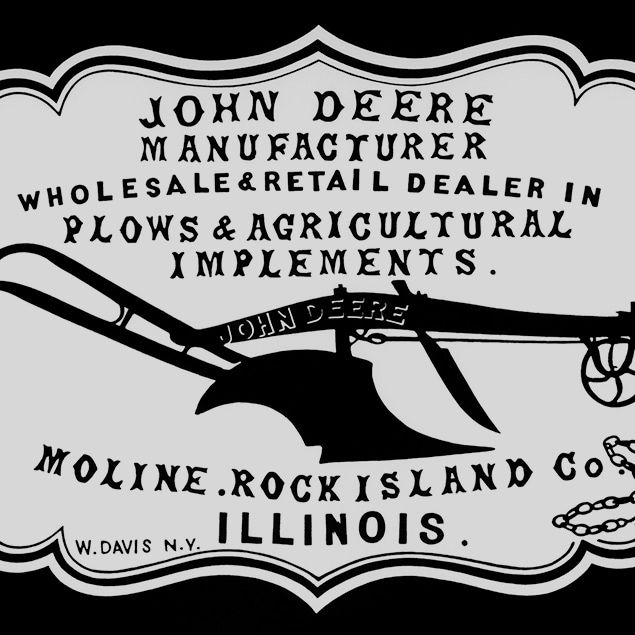 Istorinė 1855 m. pardavėjo reklama “Gamintojas John Deere, didmeninės ir mažmeninės plūgų ir žemės ūkio padargų prekybos atstovas. Molinas, Rok Ailando apygarda, Ilinojus”