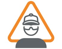 Oranžinis trikampis su žmogaus, dėvinčio šalmą ir apsauginius akinius, simboliu