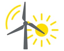 Vėjo turbinos simbolis su geltonais vėjo ir saulės simboliais