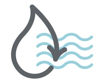 Pilkas vandens lašo simbolis su tvarumą vaizduojančia rodykle – pakartotinis naudojimas didesniame vandens šaltinyje; su bangų simboliu