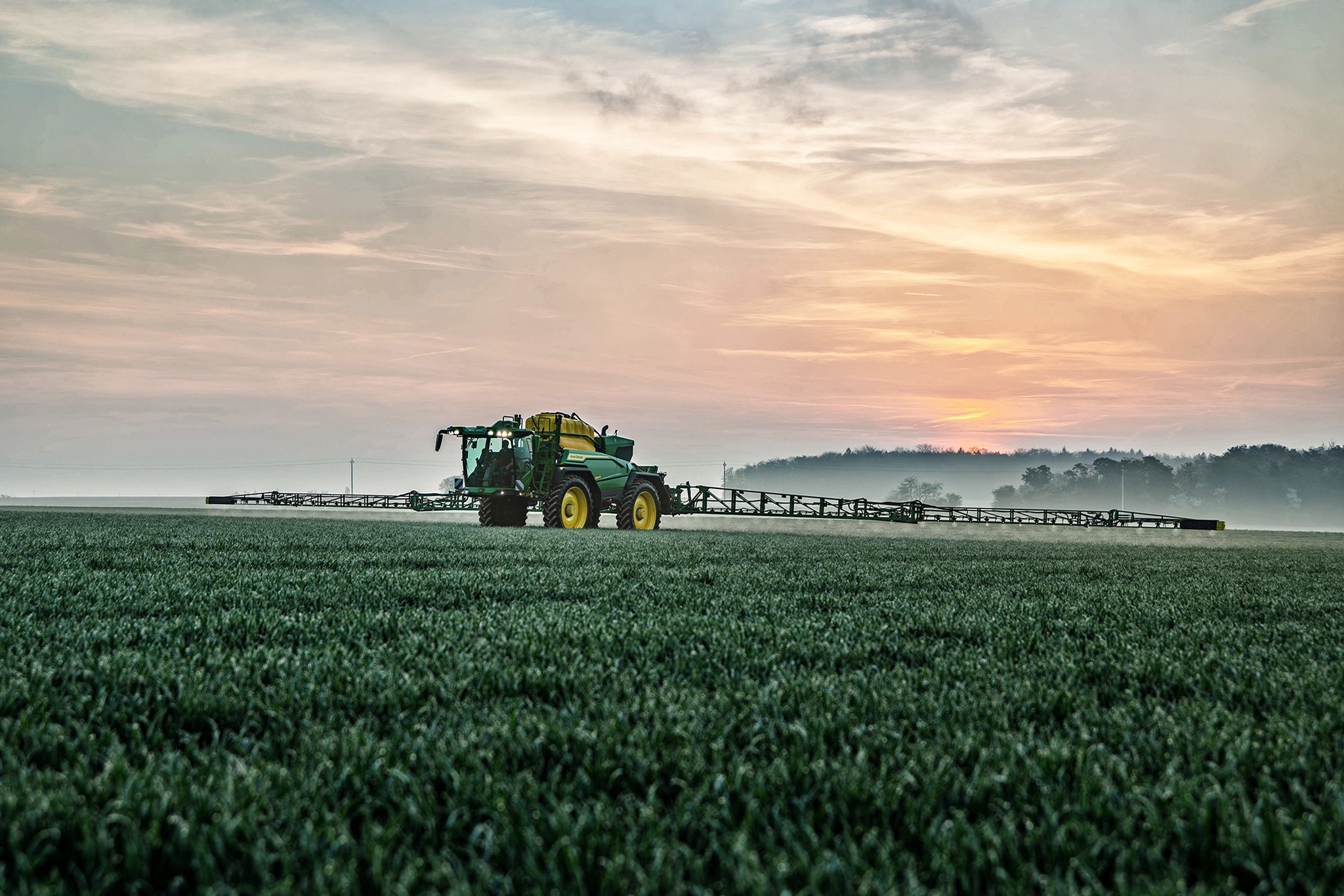 Front view of a 500R sprayer working in a field
