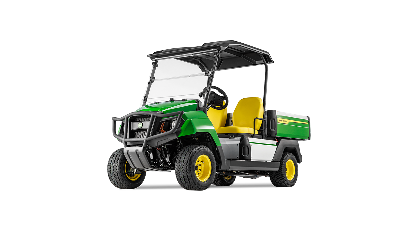 Priekinis trijų ketvirčių "John Deere Gator GS" benzininio universaliojo visureigio vaizdas su tvirtu amortizatoriumi ir erdviu krovinių skyriumi.