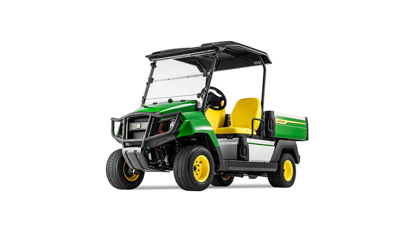 "John Deere Gator GS" elektrinio modelio, išryškinančio groteles, priekinius žibintus ir geltonas sėdynes, kampinis vaizdas iš priekio.