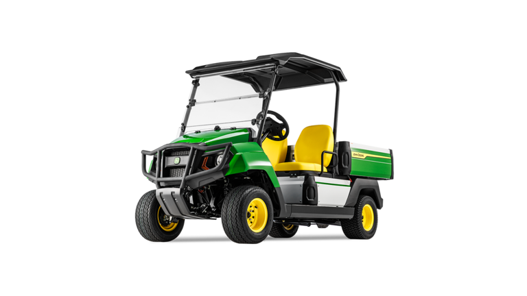 "John Deere Gator GS" elektrinio modelio, išryškinančio groteles, priekinius žibintus ir geltonas sėdynes, kampinis vaizdas iš priekio.