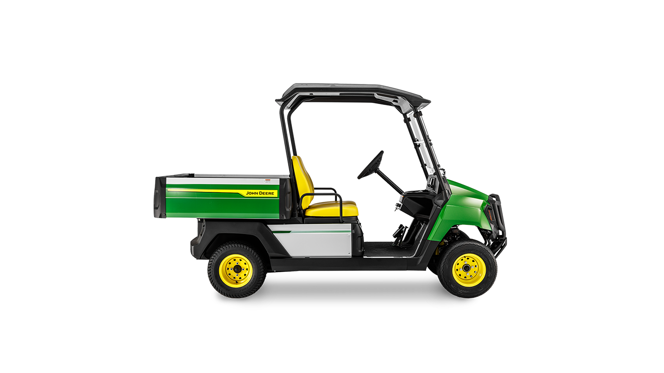 John Deere Gator GS" benzininio universaliojo visureigio profilis iš šono su žaliu korpusu, geltonais ratais ir atvira kabinos konstrukcija.
