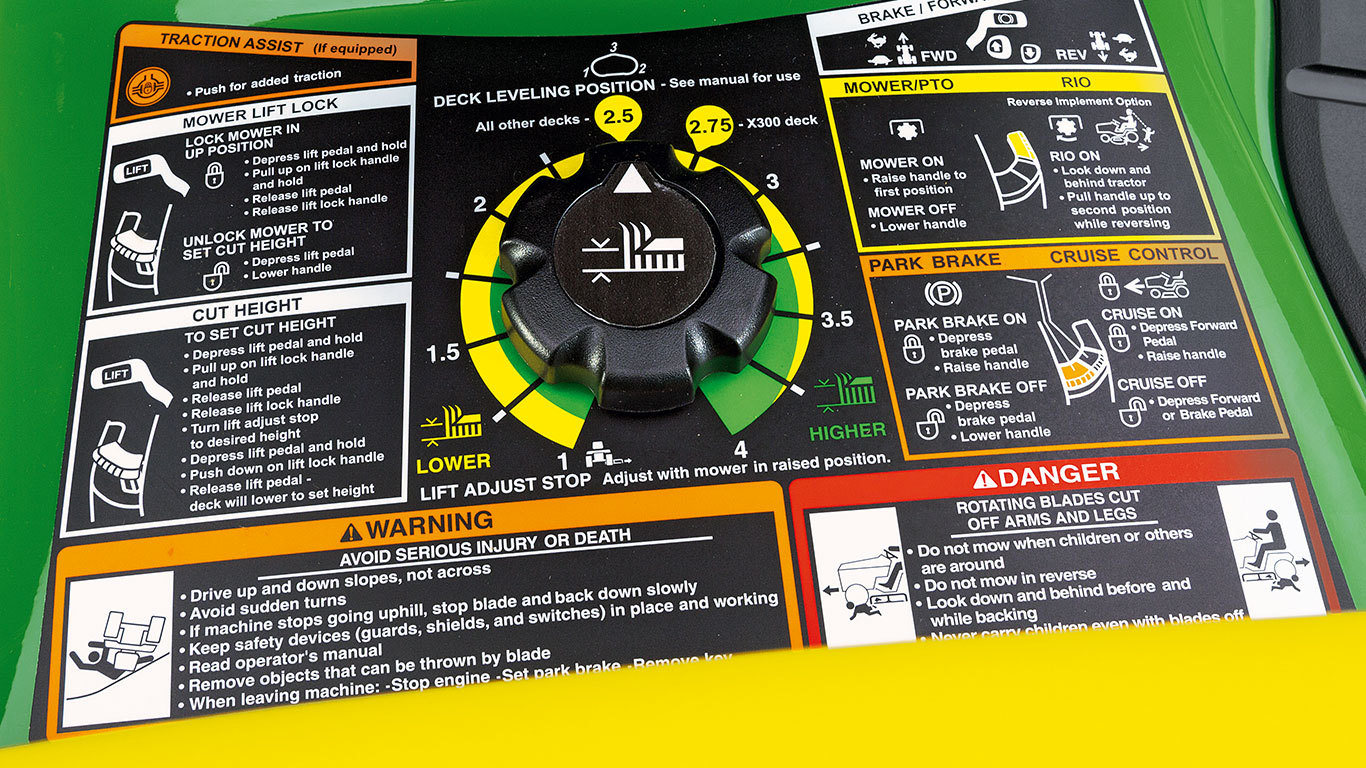 X380, Riding Lawn Equipment, X300 Series, Adjusting Cutting Height