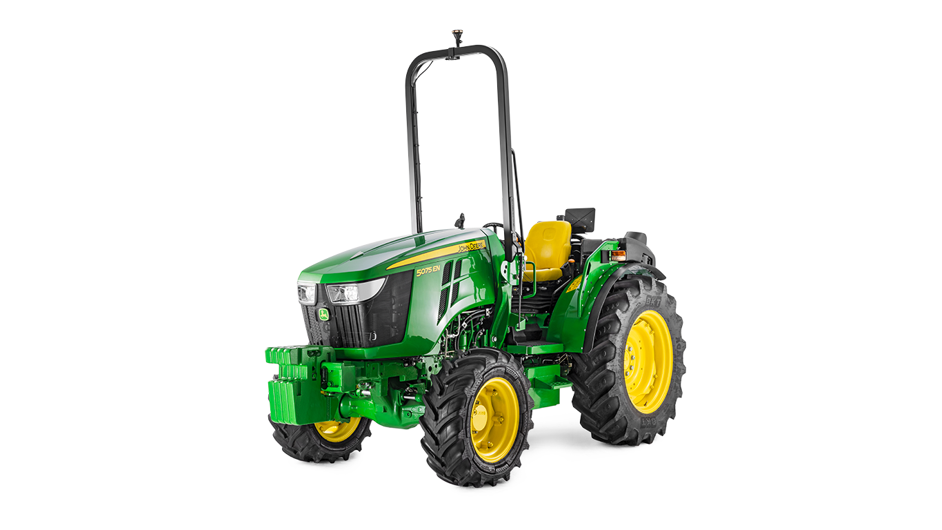 John Deere 5075EN traktorius žalia ir geltona spalva, priekinis vaizdas su kompaktišku dizainu ir tvirtomis padangomis.