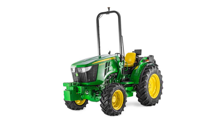 John Deere 5075EN traktorius žalia ir geltona spalva, priekinis vaizdas su kompaktišku dizainu ir tvirtomis padangomis.