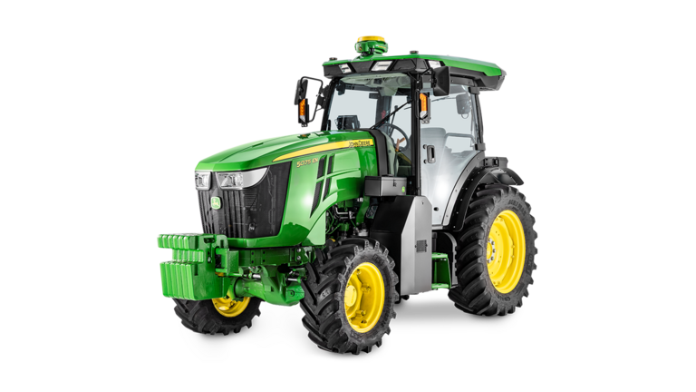 Žalias ir geltonas „John Deere“ traktorius 5075EN, trijų ketvirčių vaizdas iš priekio.