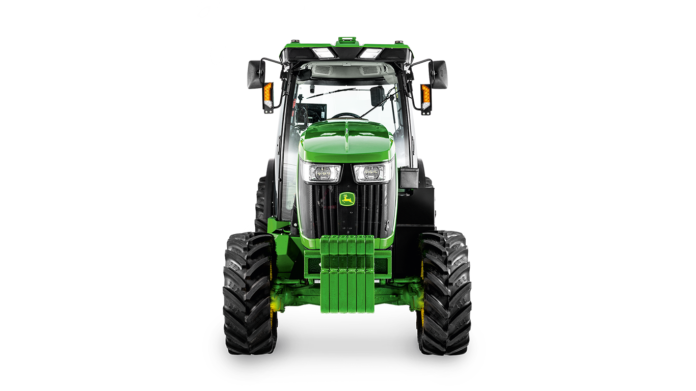 „John Deere“ traktoriaus 5075EN vaizdas iš priekio su aiškiai matomais priekiniais žibintais, grotelėmis ir atsvaro bloku.