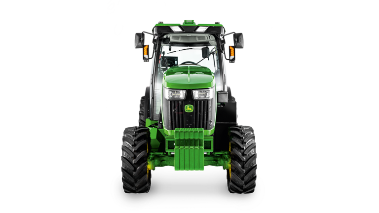 „John Deere“ traktoriaus 5075EN vaizdas iš priekio su aiškiai matomais priekiniais žibintais, grotelėmis ir atsvaro bloku.