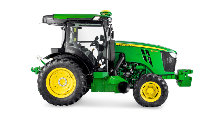 „John Deere“ traktoriaus 5090EN šoninis profilis, išryškinantis kabinos konstrukciją ir dideles galines padangas.